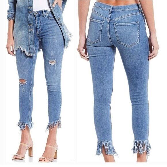 Free People Great Heights Skinny Frayed Hem Jeans Women 24 Medium Wash Stretch - Picture 1 of 8